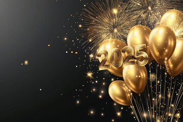 Obraz premium Gold foil balloons with confetti on a black background saying Happy New Year 2025. This is a festive banner or poster for New Year's Eve parties.