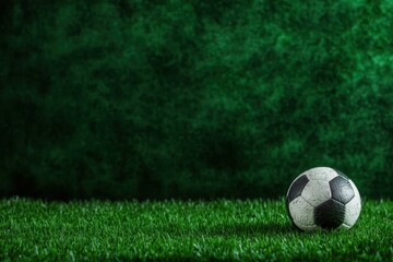 Classic black and white soccer ball on green grass field with a dark green background. Perfect for sports, football, and recreational themes.