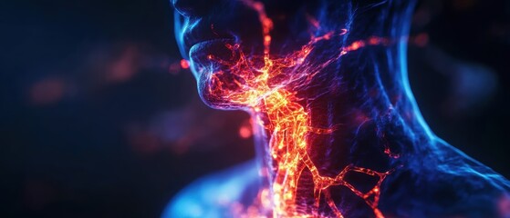 Close-up of a digital representation showing glowing neural connections in the neck area, symbolizing advanced technology and health.