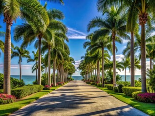 Coastal Charm: Coastal-inspired royal palms line a driveway, evoking the relaxed atmosphere of a seaside escape.