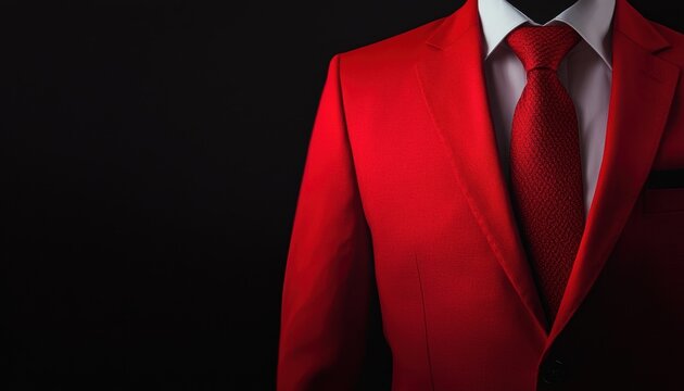 Close-up of a person wearing a bold red suit and tie against a black background, showcasing fashion, style, and elegance.