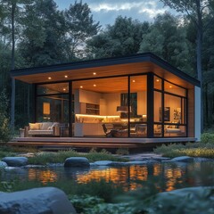 Obraz premium Futuristic sustainable home integrated in natural landscape