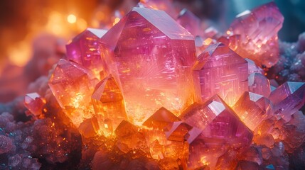 Stunning Close-Up of Vibrant Pink and Orange Crystals with Glowing Light in Background