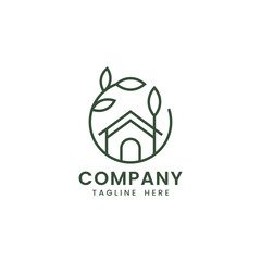 House and leaf line art logo template with circular branch