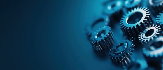 Close-up of metallic gears fitting together on a blue background, representing teamwork, collaboration, and industrial mechanism.