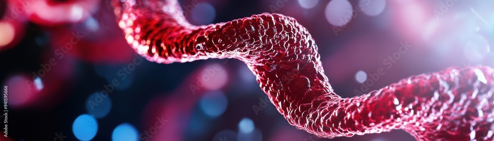 Aufkleber close-up view of a red twisted structure with a bokeh background, creating an abstract, detailed, an