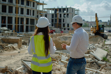 Civil engineer discussing construction progress with site inspector at urban development project