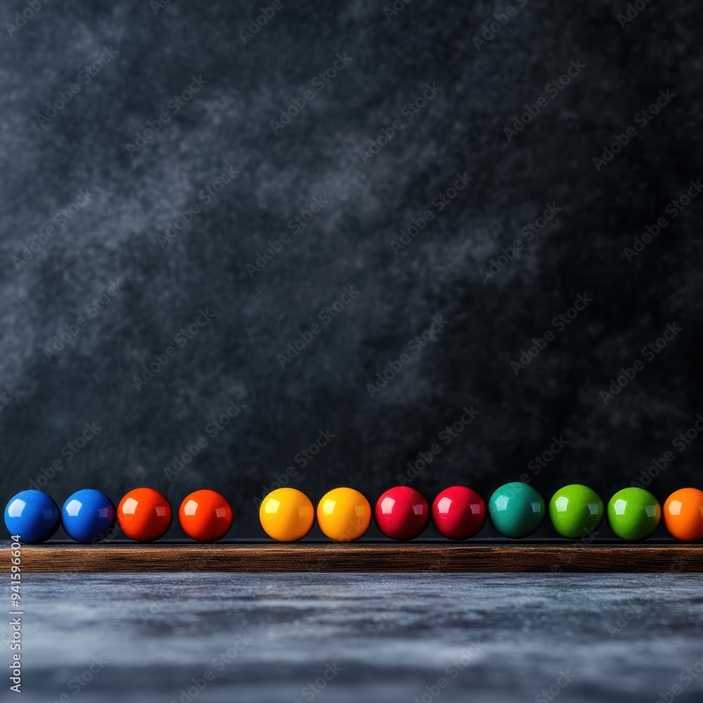 Poster colorful round balls arranged in a line on a wooden surface against a textured dark background, crea