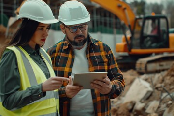 Obraz premium Construction engineers using digital tools on-site to discuss project details and ensure worksite efficiency