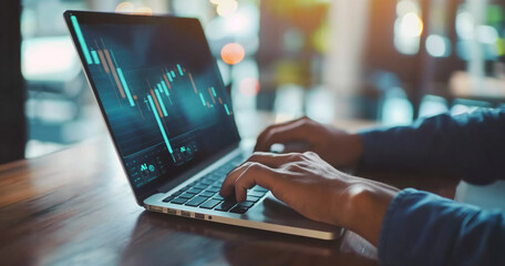 Businesswoman Analyzing Stock Market Data on Laptop with Holographic Graphs.