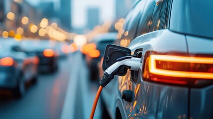 An electric vehicle charging in a busy urban environment, showcasing modern transportation and sustainability.