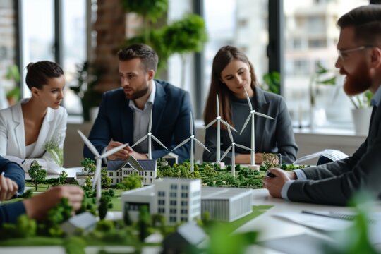 Business professionals discuss renewable energy projects with scale models in a contemporary office. Conceptual wind turbines and green urban planning likely highlight sustainability initiatives.