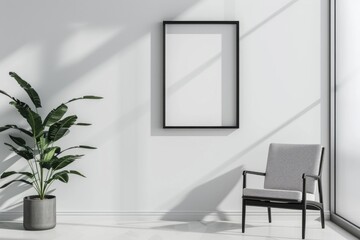 A simple interior scene with a single chair and a potted plant, ideal for minimalist or modern themes
