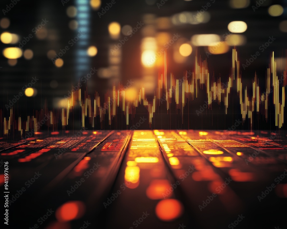 Poster dynamic visualization of sound waves with glowing lines and a vibrant city background, symbolizing t