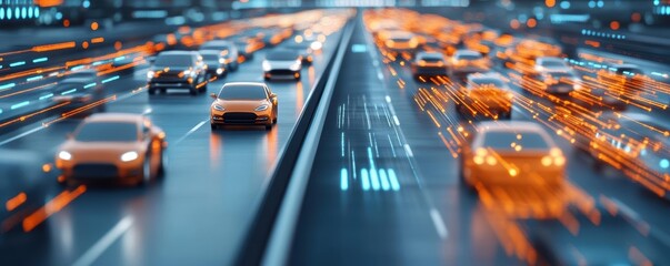 Dynamic night scene of urban traffic showcasing streaks of light from moving vehicles on a bustling highway.