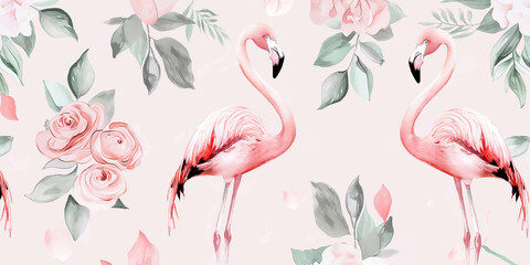 Flamingo pattern with cute floral elements, realistic illustration background
