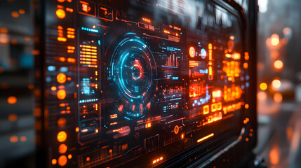 Futuristic Digital Interface Illustration with Glowing Lights and HUD Elements