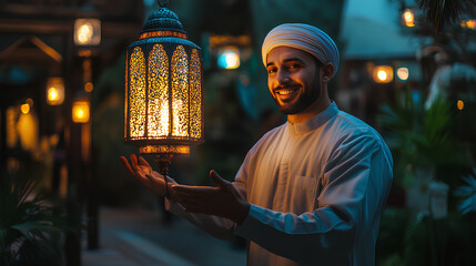 Muslim man holding arabic lantern