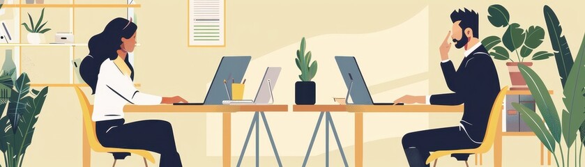 Illustration of coworkers collaborating in a modern office, showcasing teamwork, productivity, and a professional environment.