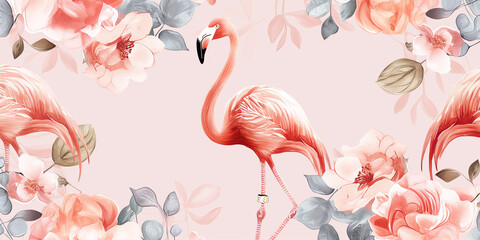 Pink realistic styled flamingo pattern background with cute floral decor

