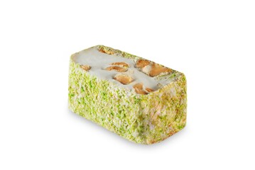 Almond filling coconut flakes sprinkles sweet nougat delight on a white isolated background