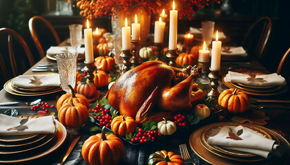 Thanksgiving vibe a beautifully set dining table adorned with a golden brown roasted chicken and small decorative pumpkins and colorful berries