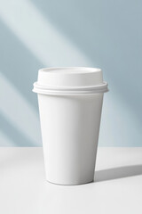 A white coffee cup with a lid sits on a table