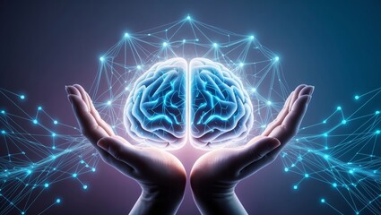 Abstract hands cradling a glowing brain in a web