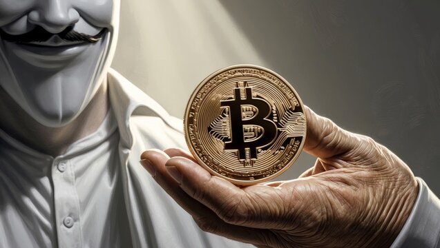 Anonymous figure holding a bitcoin in hand