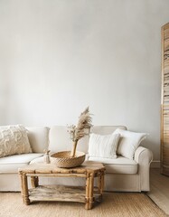 Fototapeta premium Scandinavian Farmhouse Living Room Interior with Wall Mockup - 3D Render