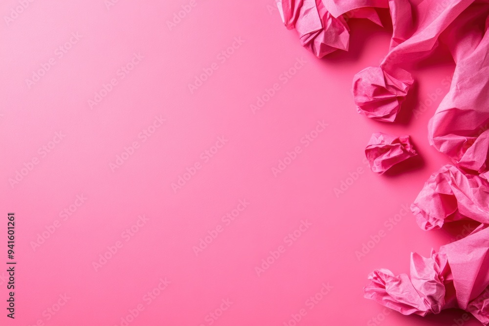 Poster pink crumpled paper on a vibrant pink background. creative background with contrasting textures and 