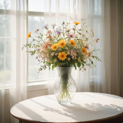 Bouquet of wild flowers in a glass vase on a table near the window