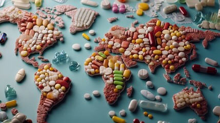 A creative representation of a world map made from various pills and medications.