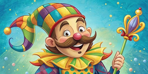 Fototapeta premium Comic Coronation: Jester's scepter, exaggerated mustache, playful eyes, bright and cheerful palette, whimsical atmosphere