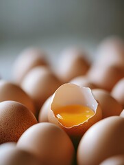 A close-up shot of several brown eggs crowded on a table, with one egg half-open revealing an empty yolk cup, surrounded by other eggs.