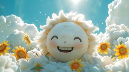 Obraz premium Joyful Sun Character Surrounded by Sunflowers and Clouds Celebrating Friendship Day in a Bright and Cheerful Sky