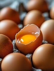 A close-up shot of several brown eggs crowded on a table, with one egg half-open revealing an empty yolk cup, surrounded by other eggs.