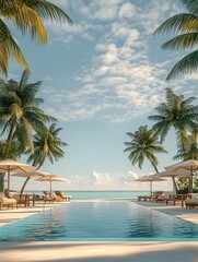 Fototapeta premium A minimalist tropical scene featuring a swimming pool by a sandy beach, flanked by coconut trees and umbrellas with tables and chairs.