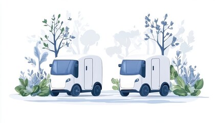 Obraz premium Two delivery trucks surrounded by lush greenery, illustrating eco-friendly transport and logistics in a modern design.