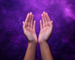 Two open hands reaching toward a starry, purple galaxy background, symbolizing hope and connection to the universe.