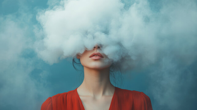 A woman in a red dress is standing in front of a cloud of smoke