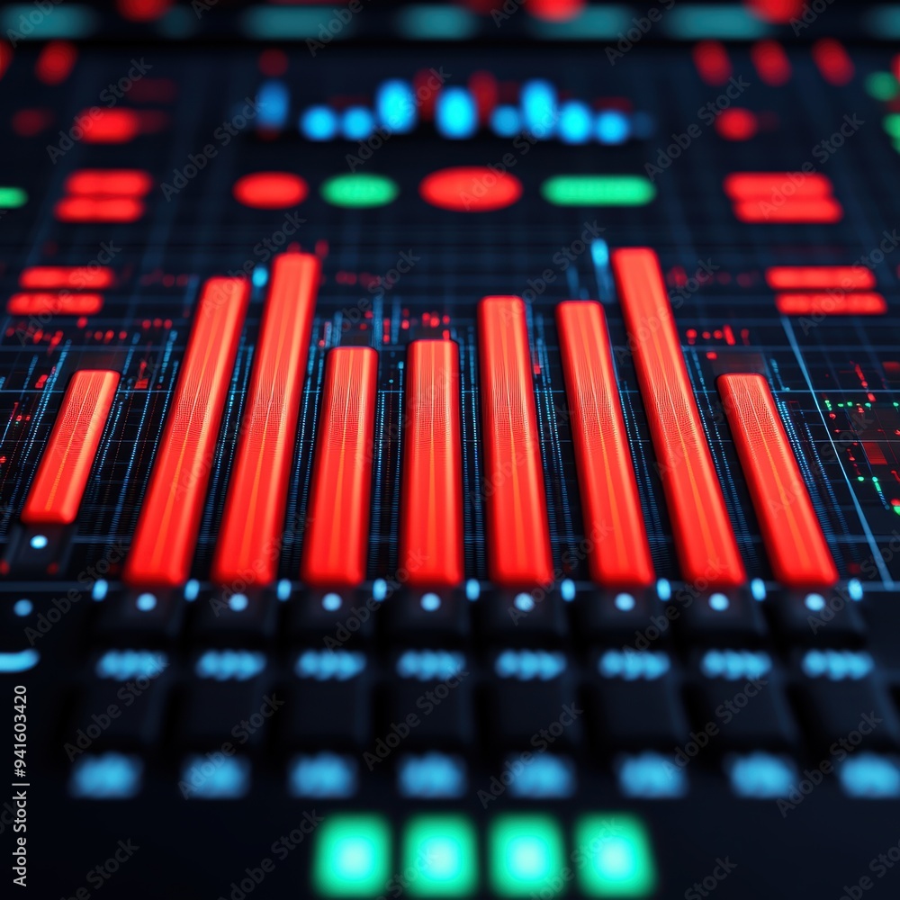 Poster vibrant digital soundwave display with colorful bars and indicators, representing audio visualizatio