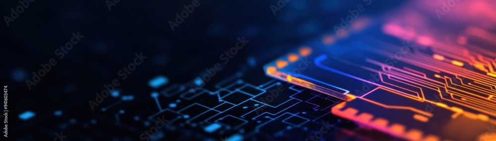 Poster vibrant close-up of a circuit board design, showcasing intricate patterns and glowing colors, perfec