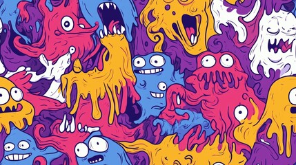 Colorful Seamless Monster Doodles Pattern - Fun and Whimsical Cartoon Creatures for Kids' Designs, Textiles, and Backgrounds