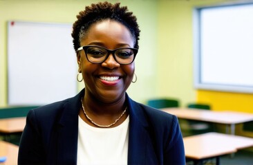Naklejka premium Engaging portrait of a smiling African American female teacher in a classroom, highlighting the welcoming vibe of the back-to-school season.