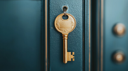 Obraz premium A golden key hangs in door lock, symbolizing access and opportunity. image evokes sense of curiosity and anticipation.