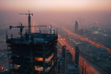 Fototapeta premium Construction Under a Misty Dawn in the City