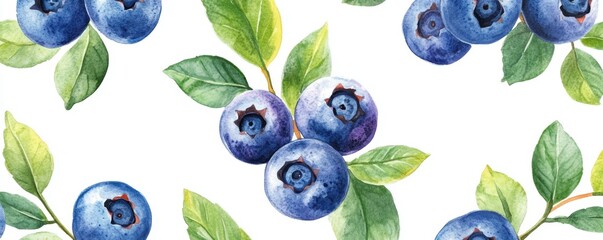 Vibrant watercolor illustration of blueberries surrounded by lush green leaves, perfect for food or nature-themed projects.