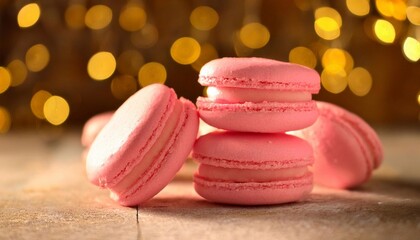 very juicy pink macarons stack on the table behind mini light bulbs yellow light