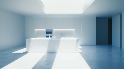 Sleek Minimalist Kitchen with White Cabinets and Island Under Natural Skylight